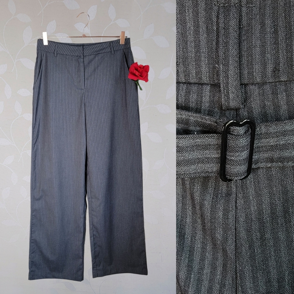 Isalis Gray Pinstripe Wide Leg Trousers (M) Minimalist Workwear Academia Y2K